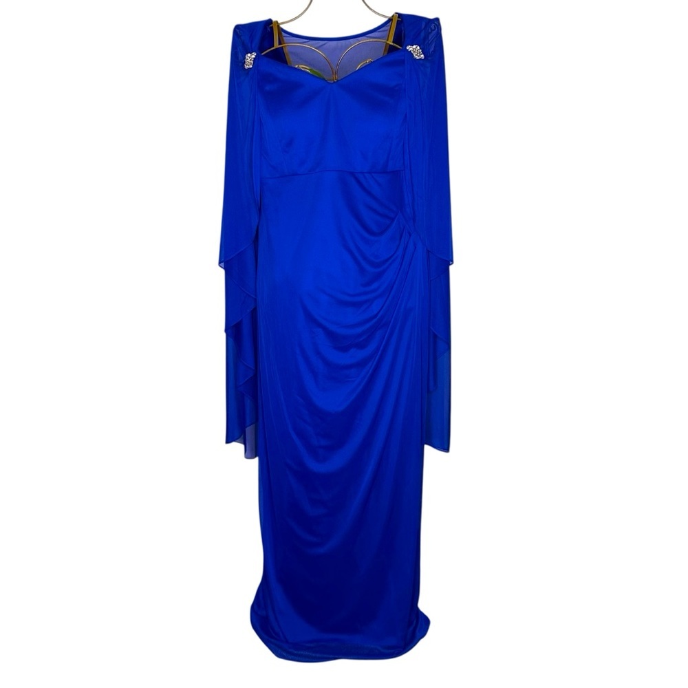R&M Richards Royal Blue Draped Evening Gown with Sheer Bodice